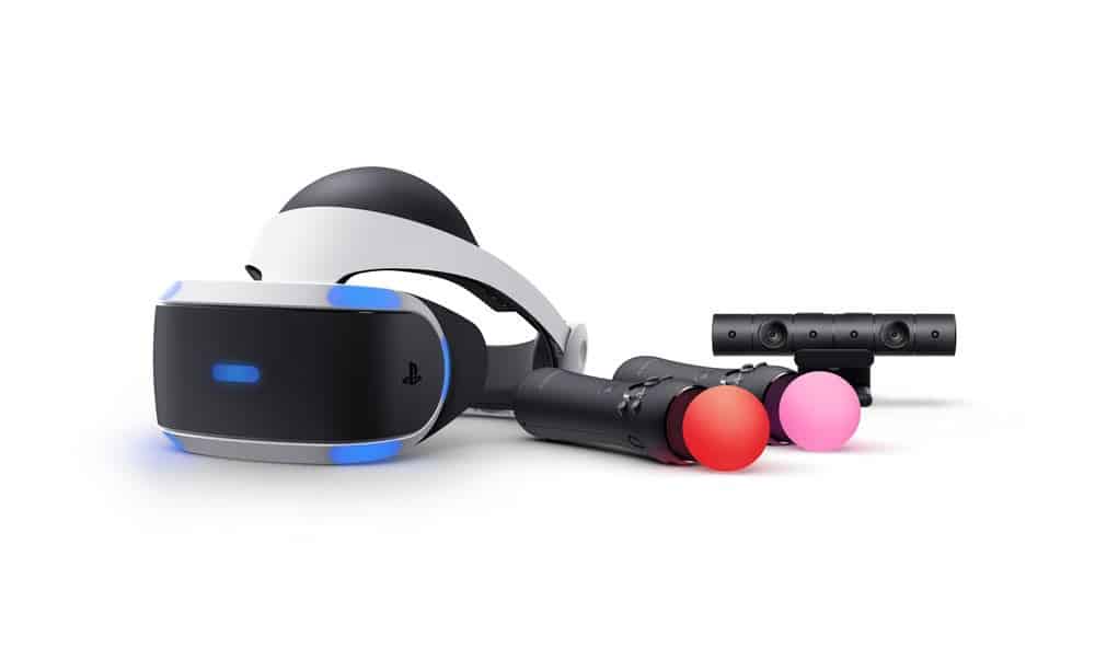 PSVR headset with virtual reality camera and two motion controllers