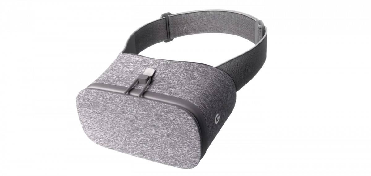 gray Google Daydream VR headset top panel latch, side logo and adjustable strap