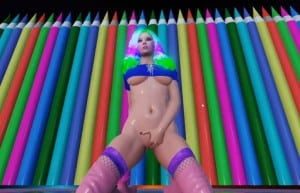 alt="3D animated character playing with her pussy and showing underboob with pencil crayons in background"