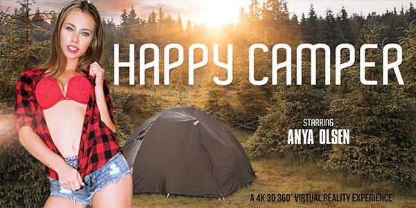 Happy Camper VR Anya Olsen posing outside in red bra jean shorts black and white plaid shirt