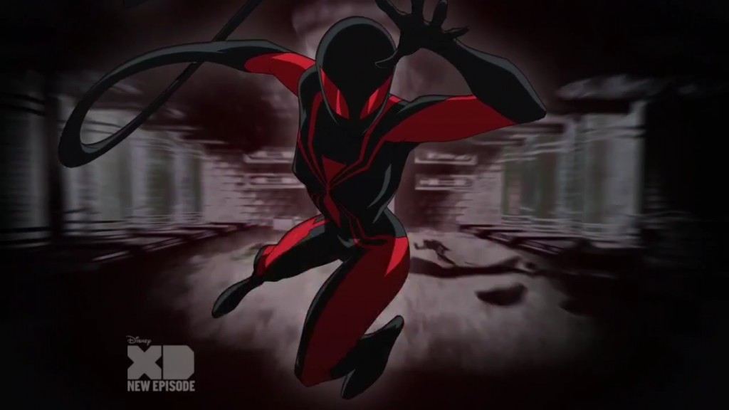 animation of Mary Jane Watson in red and black spider-woman costume