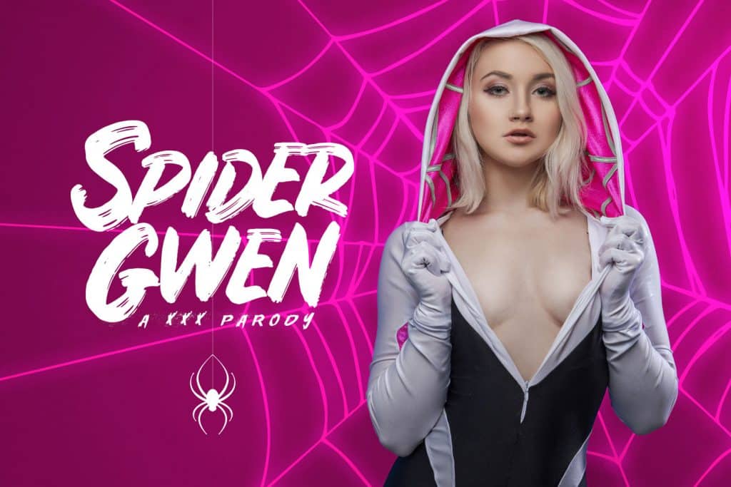 Blonde cosplay model XXX parody wearing silver and pink Spider Gwen costume zipped open showing off cleavage