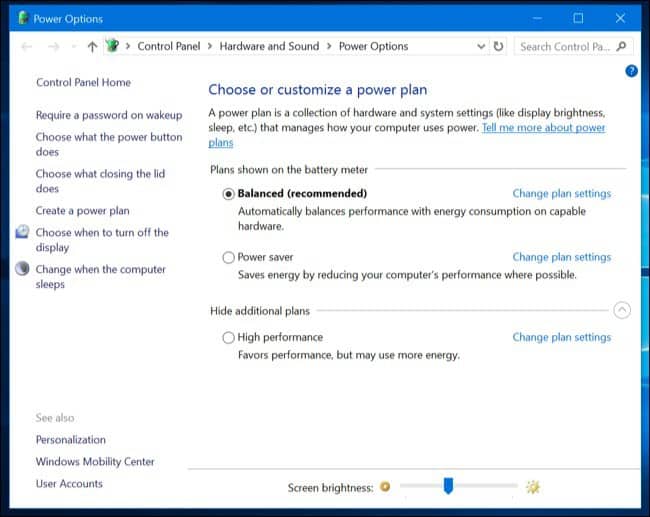 power options windows 10