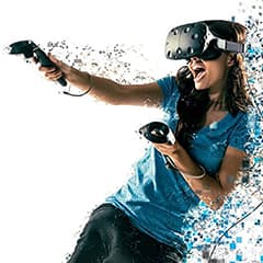 woman lunging back and wearing HTC Vive VR headset using controllers