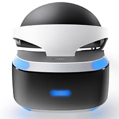 Front view of black and white PlayStation VR headset with blue lights